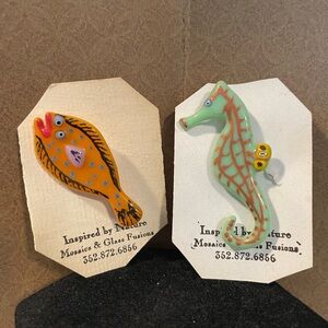 2 Glass Mosaic Handmade Fish Pins